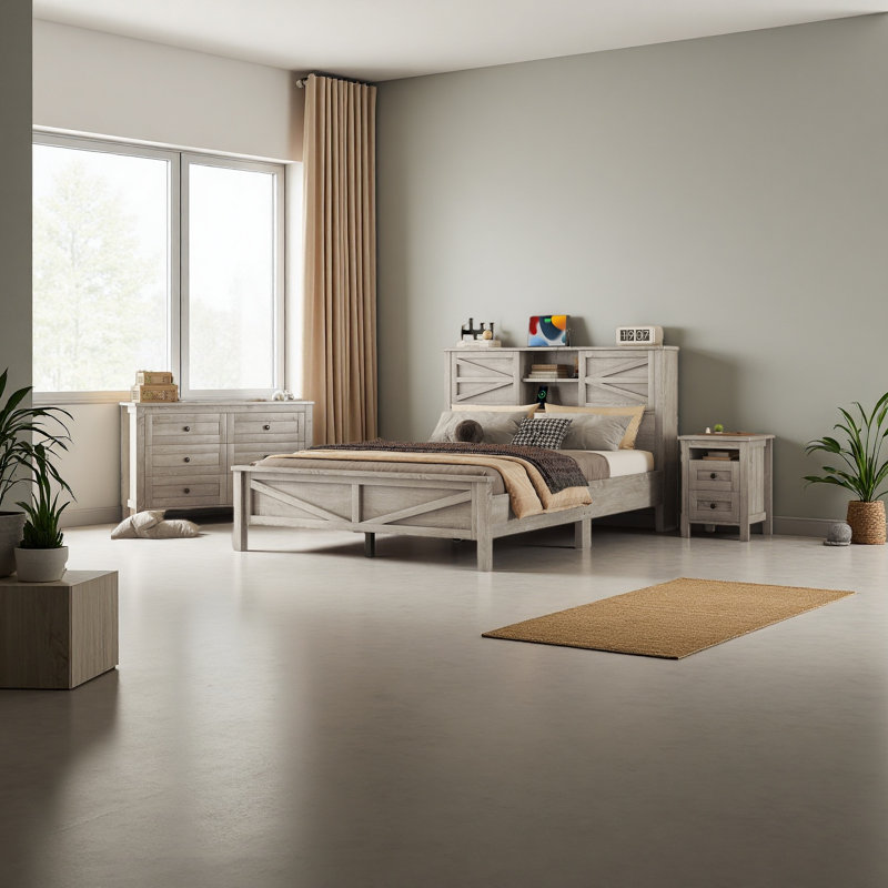 Ensemble de chambre à coucher 3 pièces avec lit plateforme Farmhouse, Lit double, Gris antique