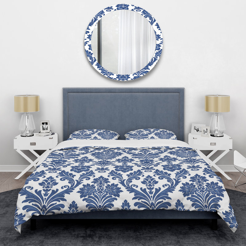 Ensemble de housse de couette transitionnel bleu et blanc intemporel damassé Glamour Art II