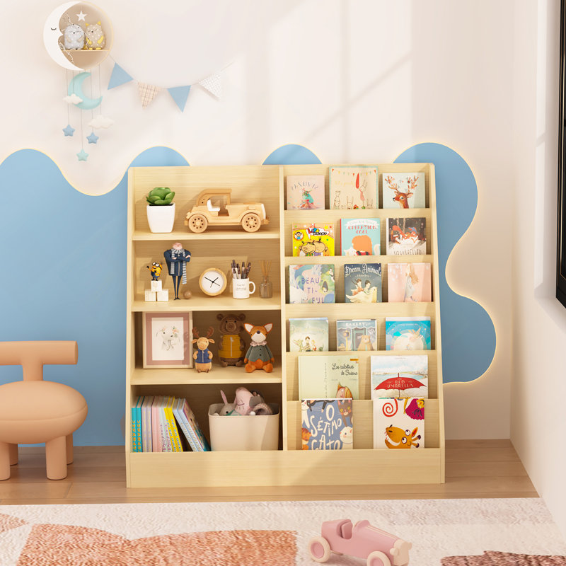 Organisateur de rangement pour enfants et bibliothèque pour enfants, étagère en bois multifonctionnelle à 4 niveaux avec présentoir pour salle de jeux et chambre d'enfant