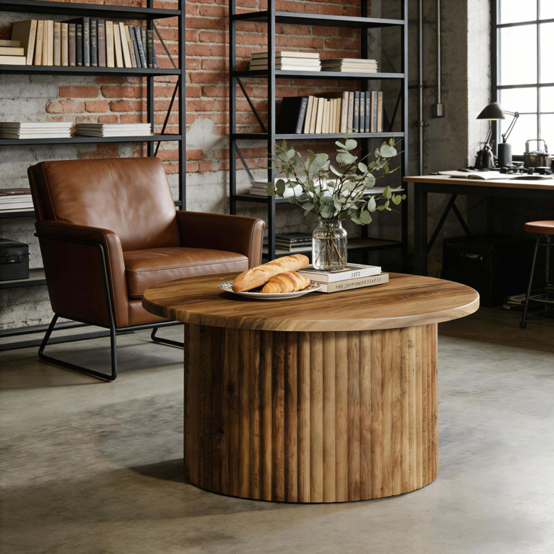 Table basse ronde avec un design minimaliste épuré et beaucoup de rangement