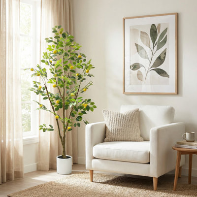 Citronnier artificiel réaliste 6 pi avec pot de fleurs blanc, faux citronnier avec feuilles de soie PE et tronc naturel, plante fruitière de plancher artificiel pour l'intérieur, porche, maison, bureau, cadeau de pendaison de crémaillère
