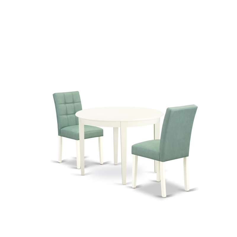 3 Piece Kitchen Table Set consists A Dining Room Table and 2 Willow Green Polyester Fabric Kitchen Chairs, Linen White