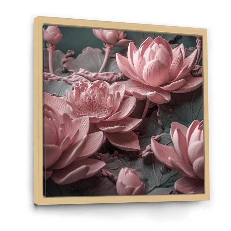 Fleur de lotus rose délicat sur toile, H 24 po x l 24 po x P 1 po, Cadre flottant brun