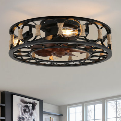 20" Industrial Black Flush Mount Ceiling Fan with Light and Remote, 6-speed Reversible DC Motor Caged Fandelier for Bedroom