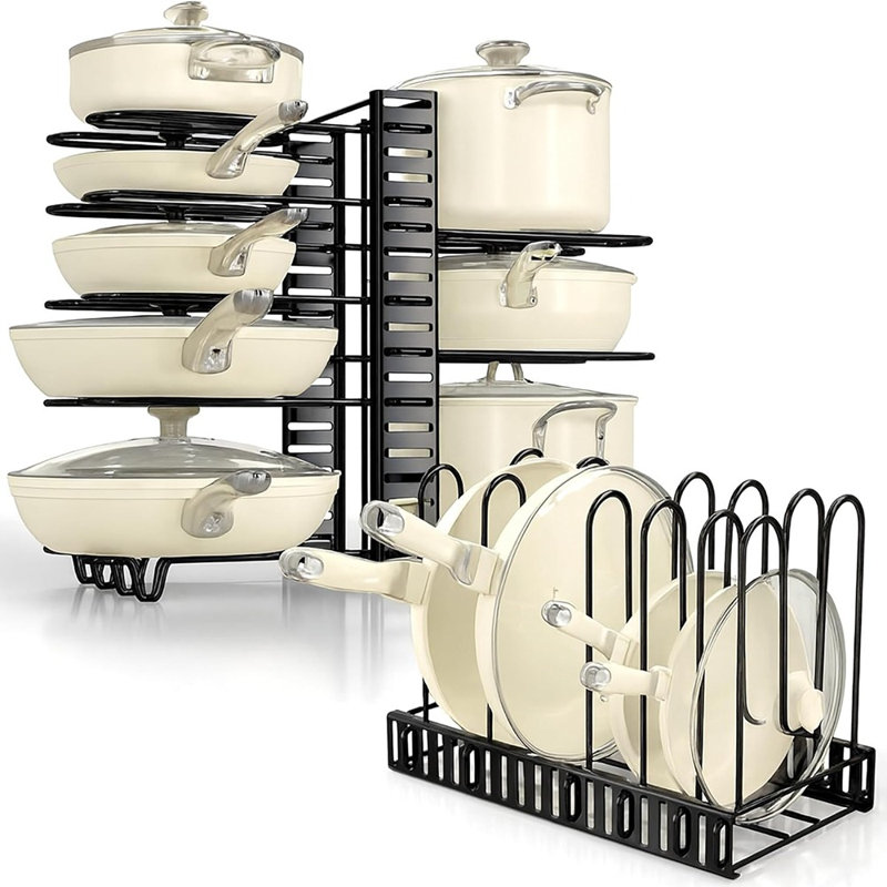 Support 3-en-1 réglable pour casseroles et poêles - Système de rangement de batterie de cuisine à 8 niveaux pour armoire ou comptoir