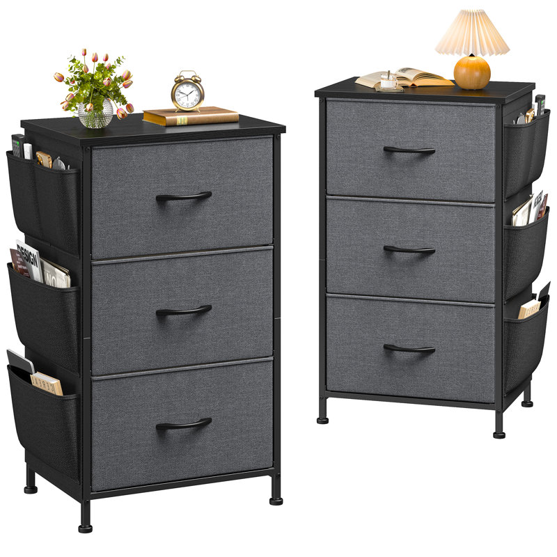 Night Stand With 3 Drawers For Bedroom, Bedside Table With Wooden Top, Sturdy Steel Frame End Table, Small Dresser For Bedroom, Living Room