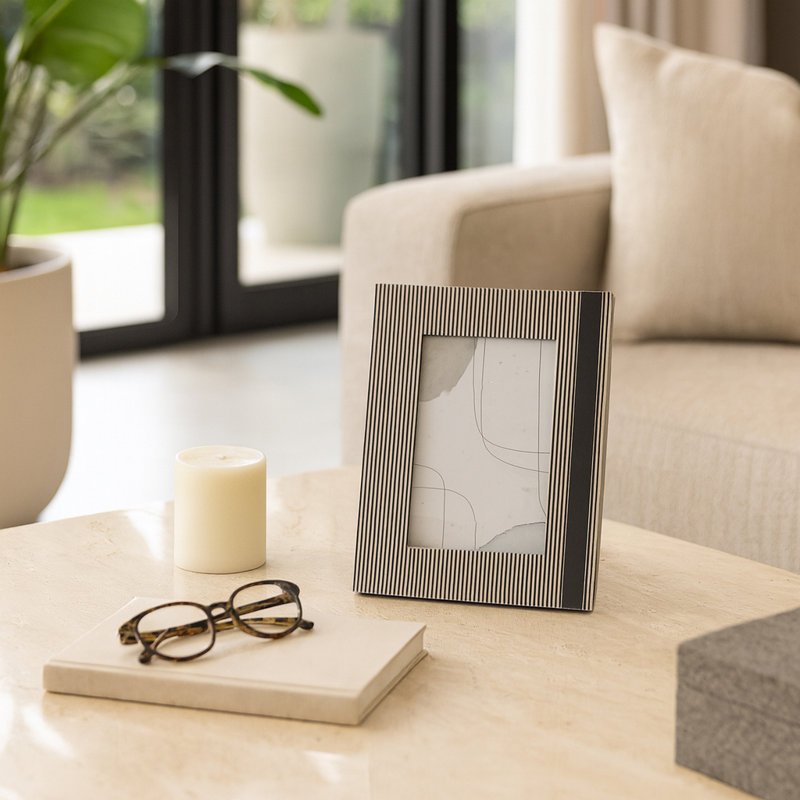 Modern Resin Photo Frame with Line Pattern - Decorative Display Picture Frames for Entryway or Bedroom Wall Decor - Black and White