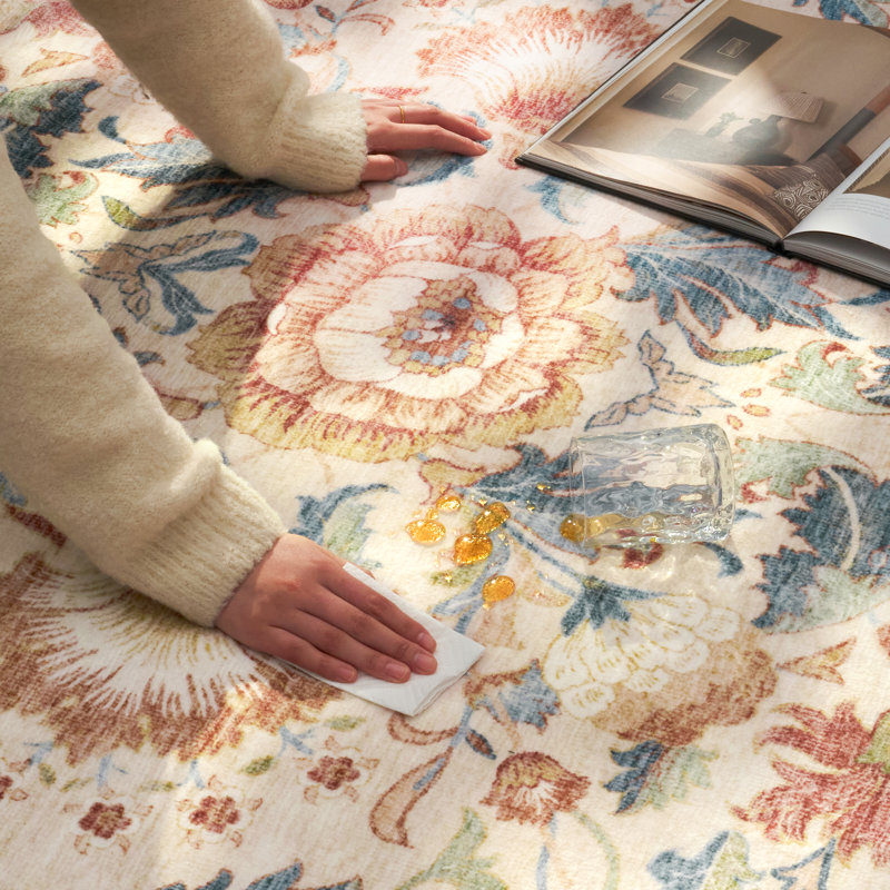 Soft Washable Non-Slip Vintage Floral Area Rug For Living Room And Bedroom In Warm Beige, Orange/Beige/Blue