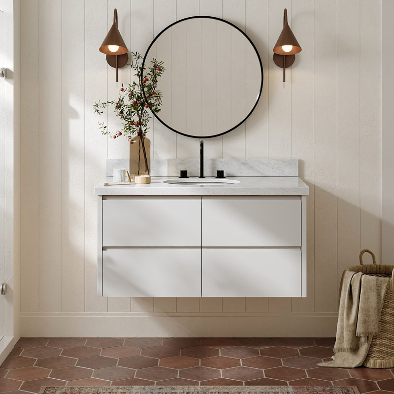   Ensemble de meuble-lavabo mural ovale simple 43 po avec comptoir en marbre de Carrare blanc de 1,5 po Ensuko, Ovale