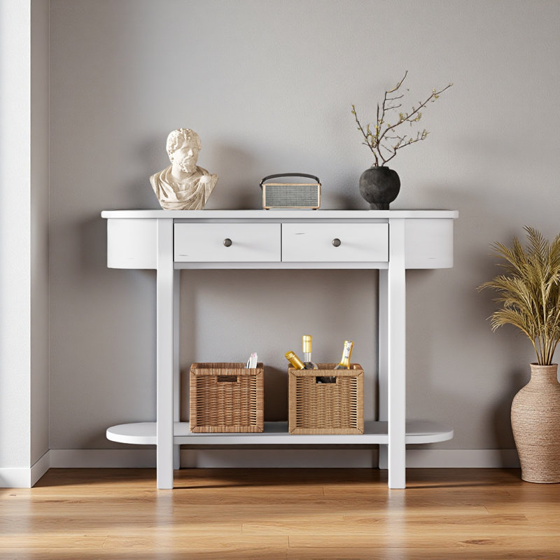 Élégante console rétro avec un design incurvé et un vernis lisse pour les entrées, Blanc antique