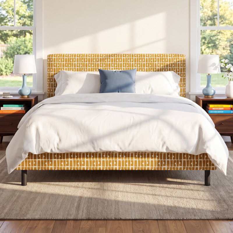 Avila Upholstered Platform Bed, Full, Bloc Panel Mustard