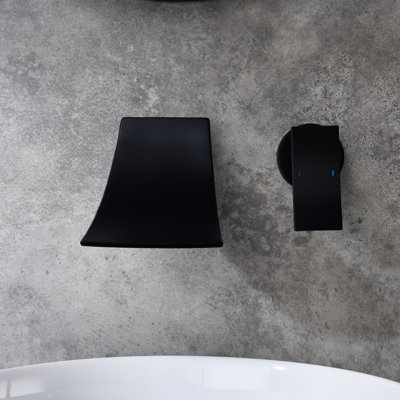 Wall Mount Bathroom Faucet In Matte Black, Enlarged Spout, Exact Control Valve For Water Flow And Temperature, Space Fixture Black Mounted Faucet, Broad Waterfall Design Accurate Temperature
