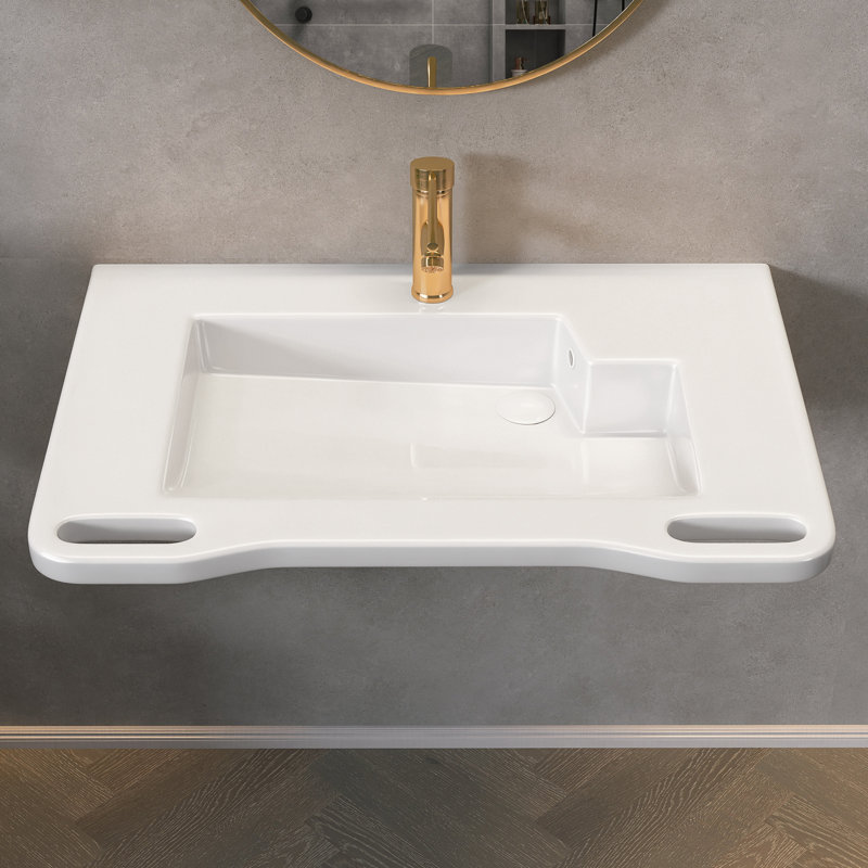 31.5" W X 22" D ADA Compliant Ceramic Bathroom Sink Wall-Mounted Rectangular White Sink Wall Hung Accessible Vessel Sink with Single Pre-Drilled Faucet Hole & Integrated Handles