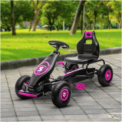 Aosom  Pedal Go Kart Ride-on Toy with Ergonomic Comfort, Pedal Car with Tough, Wear-Resistant Tread, Go Cart  Car for Boys & Girls with Suspension System, Safety Hand Brake, Ages 5-12, Pink
