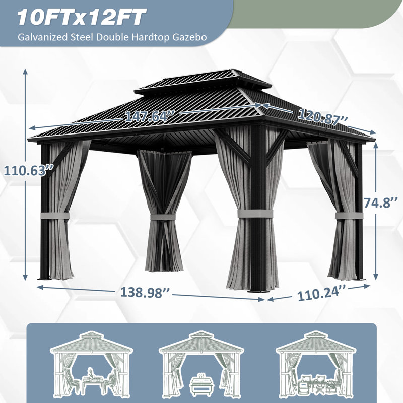 12 ft. W x 10 ft. D All-Weather Hardtop Gazebo with Heavy-Duty Double-Layered Galvanized Steel Roof and Reinforced Steel Frame