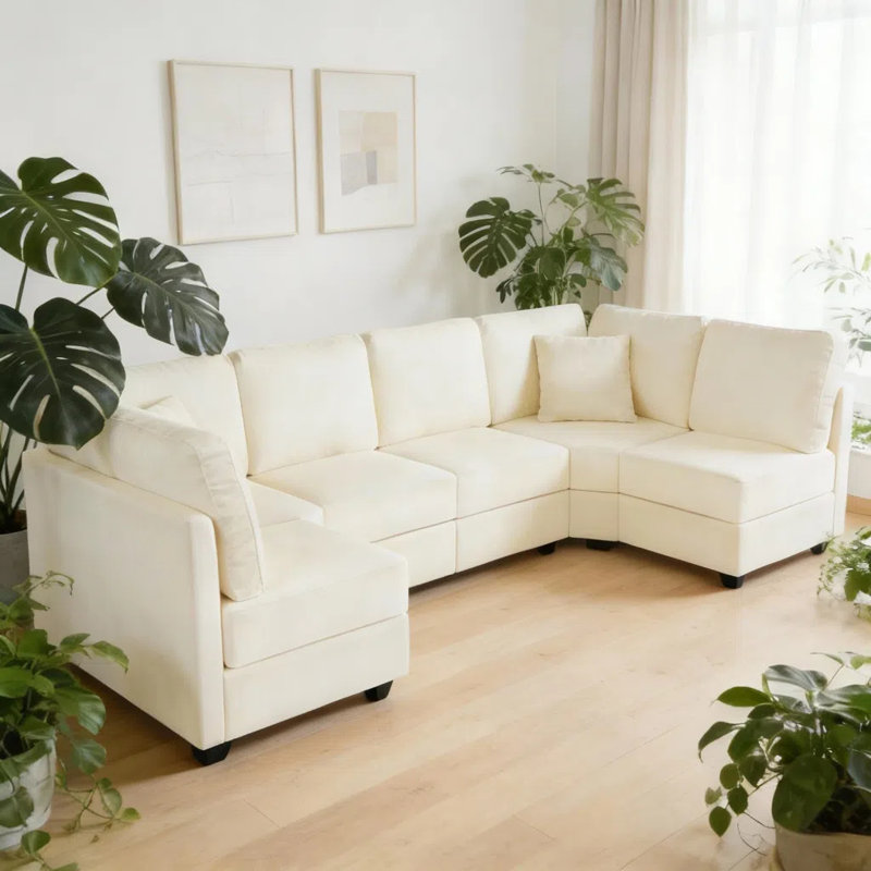 Canapé modulaire en U rembourré avec rangement pour le salon, Chenille beige