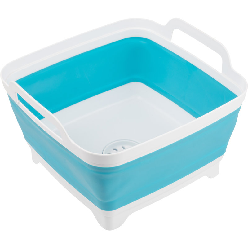 Blue and White Collapsible Polypropylene Wash Basin with Drain