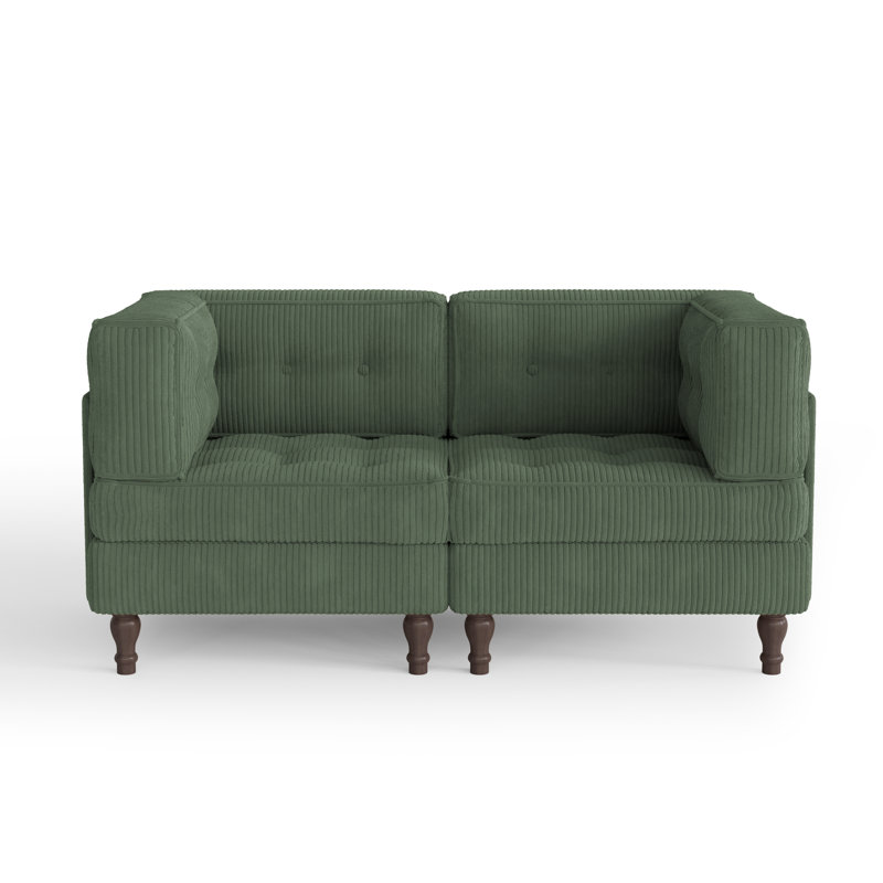 Upholstered Green Tufted Corduroy Modular Sofa with Pillow Back, Green