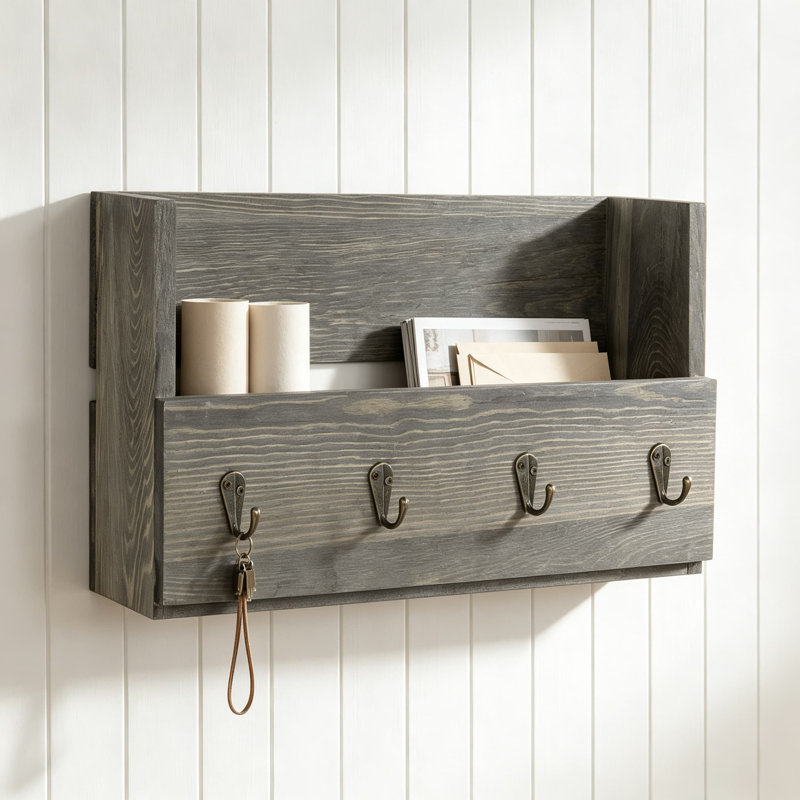 Porte-courrier et porte-clés suspendus en bois rustique gris pour mur, lettres décoratives et organisateur de trieur de courrier avec crochets