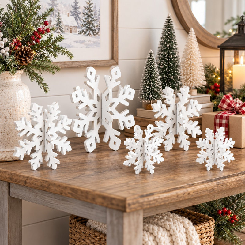 Ensemble de 6 décorations de table en bois blanc 3D en forme de flocons de neige
