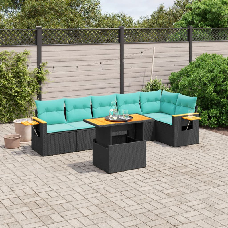  Ensemble de canapé de patio 7 pièces avec coussins en rotin de polyester, Noir, Vert