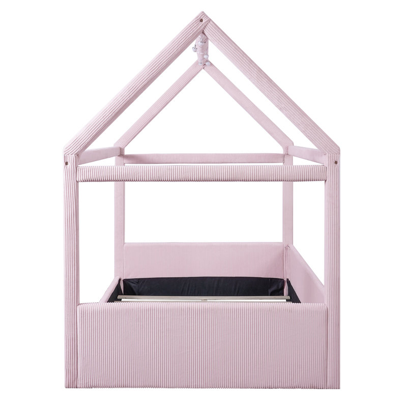 Lit de jour rembourré pleine grandeur rose de conception maison avec cadre solide à DEL bicolore, lumières en velours côtelé à rayures verticales et atmosphère élégante en bois à rayures élégantes