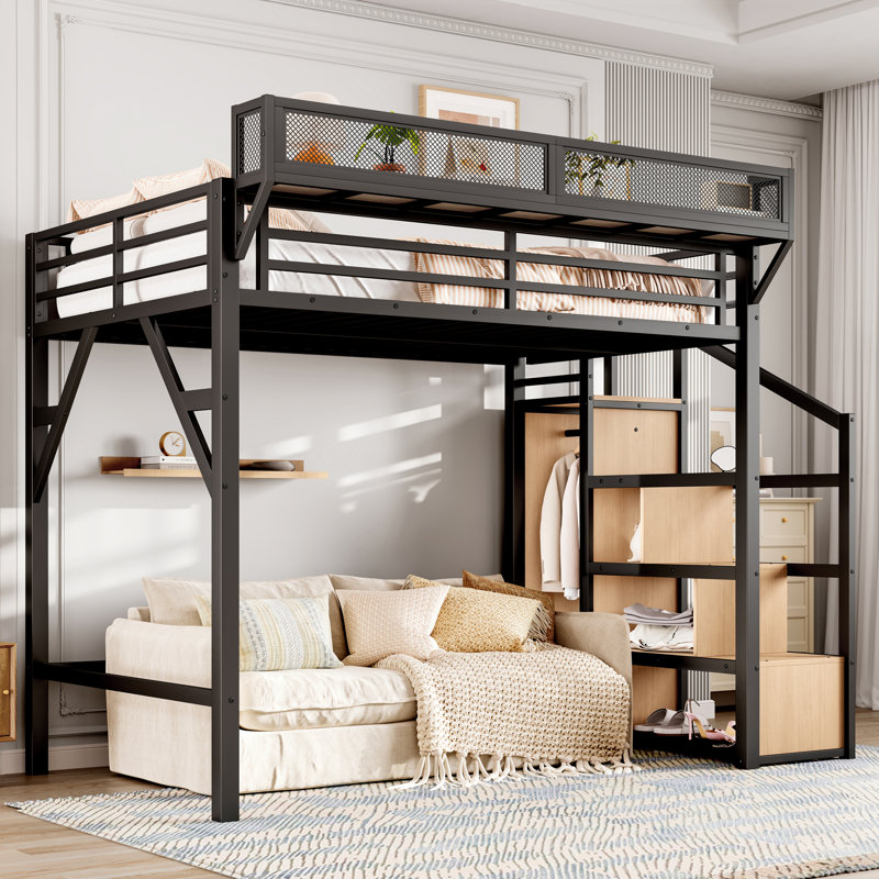 Twin XL Metal Loft Bed with Storage Stairs, Shelves & Built-in Wardrobe, LED Lights, USB Ports, Noise-Reduced, Natural Wood