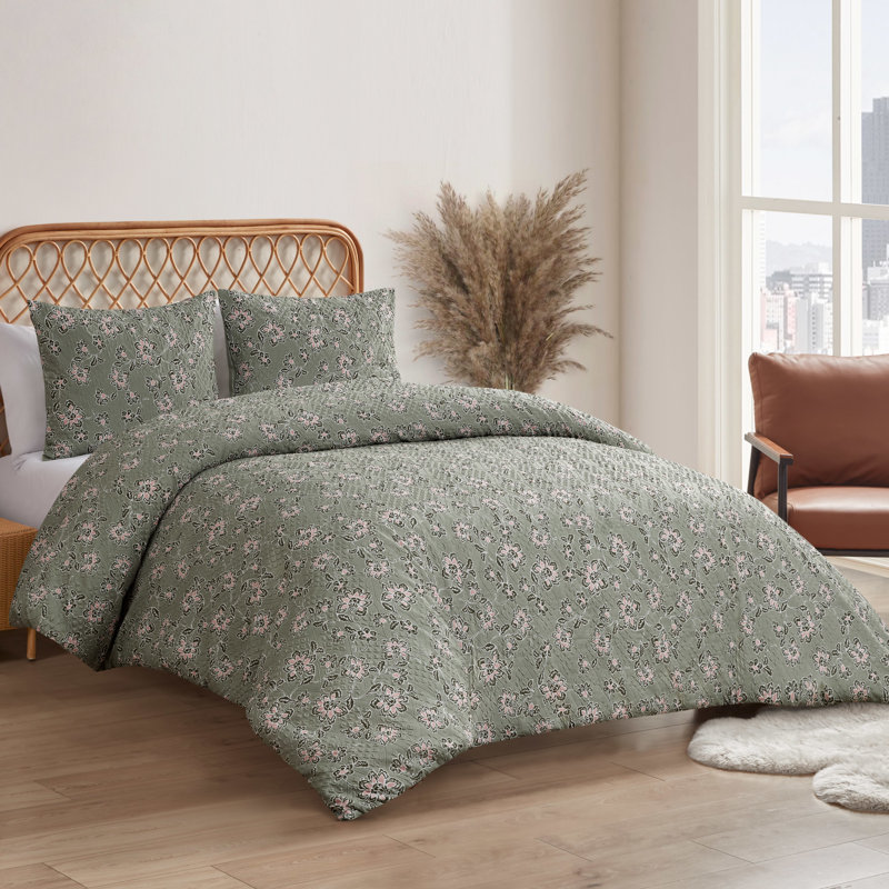 Sage Green Botanical Embossed Twin/Twin XL Polyester Duvet Cover Set