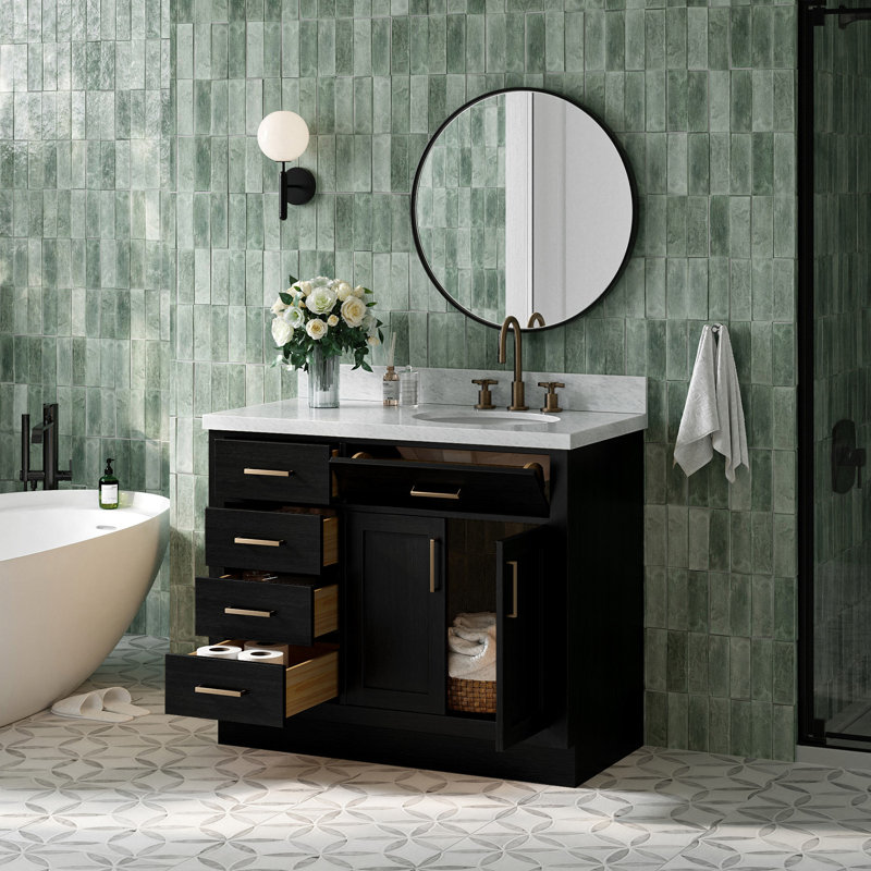 Meuble-lavabo simple en bois massif Tidworth de 42 po avec plateau en marbre de Carrare de 1,5 po, Oui, Ovale, Chêne noir