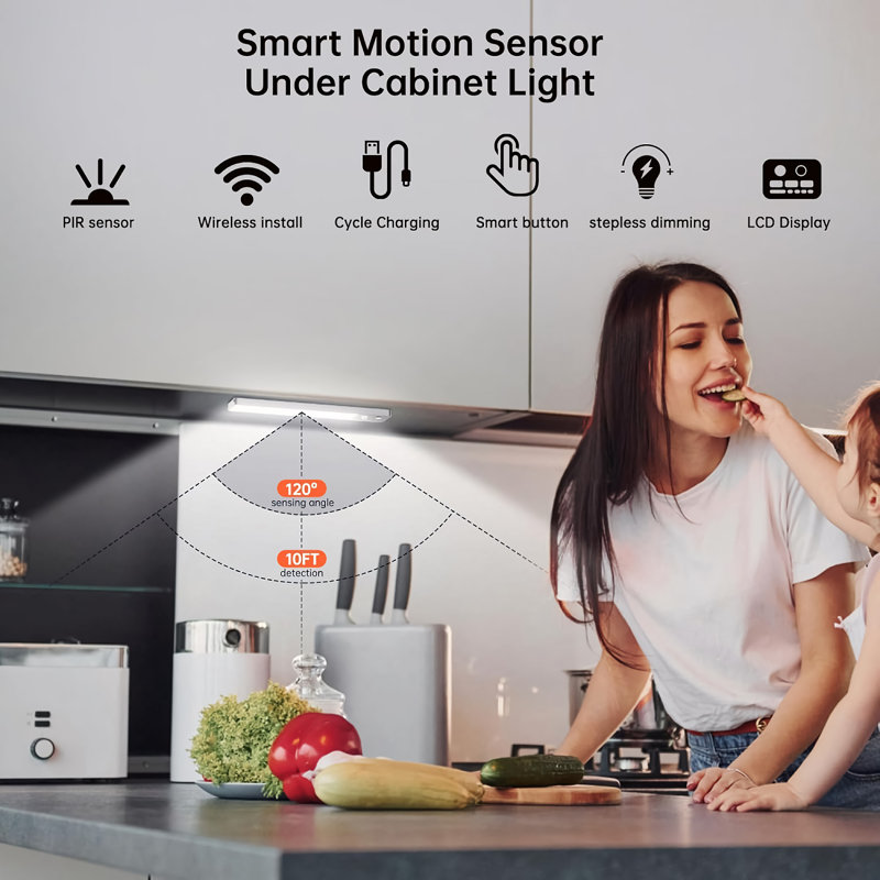 2-Pack LED Motion Sensor Closet Light, Wireless Under Cabinet Lights with LCD Display, 3 Modes, USB Rechargeable for Home, Wardrobe, Closet, Cabinet (Black) - C400