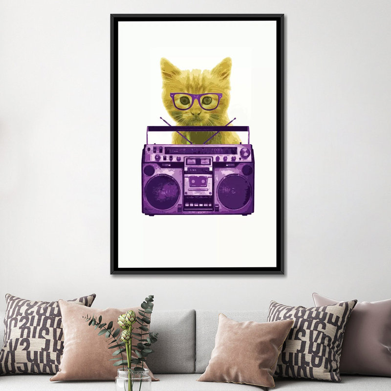 «Hipster Kitty», impression sur toile, H 60 po x l 40po x P 1,5 po, Toile avec cadre noir, Pas de tapis