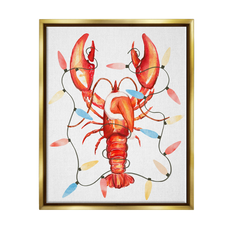 «Nautical Lobster Christmas Lights» par Ziwei Li, impression, H 21 po x l 17 po x P 1,7 po, Cadre flottant métallique doré