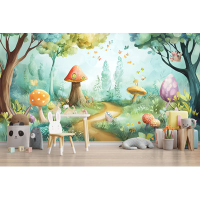 Magical Forest Path Wallpaper With Mushrooms, Trees, And Butterflies, Enchanted Woodland Kids Mural For Nursery, Fairy Tale Playroom, Or Fantasy-Themed Bedroom
