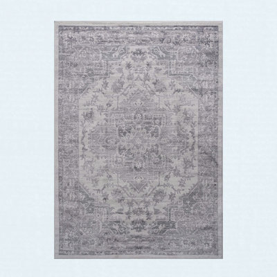 6x9 Silver Oriental Area Rug, Vintage Living Room Carpet with Non Shedding Low Pile Design