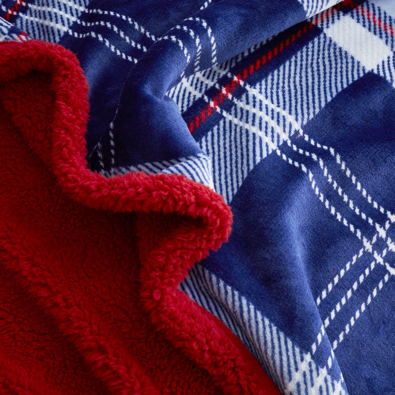 Teddy Satin Plaid Duvet Cover Set with Pillowcases, Double Duvet Cover, Blue/White/Red