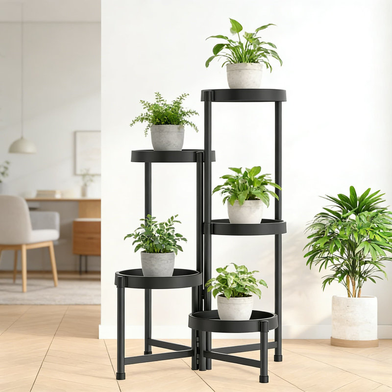 Support pour plante pliante à 5 niveaux avec plateaux imperméables, tablette d'angle en métal robuste pour une utilisation intérieure / extérieure dans le salon, le patio, le balcon et le jardin