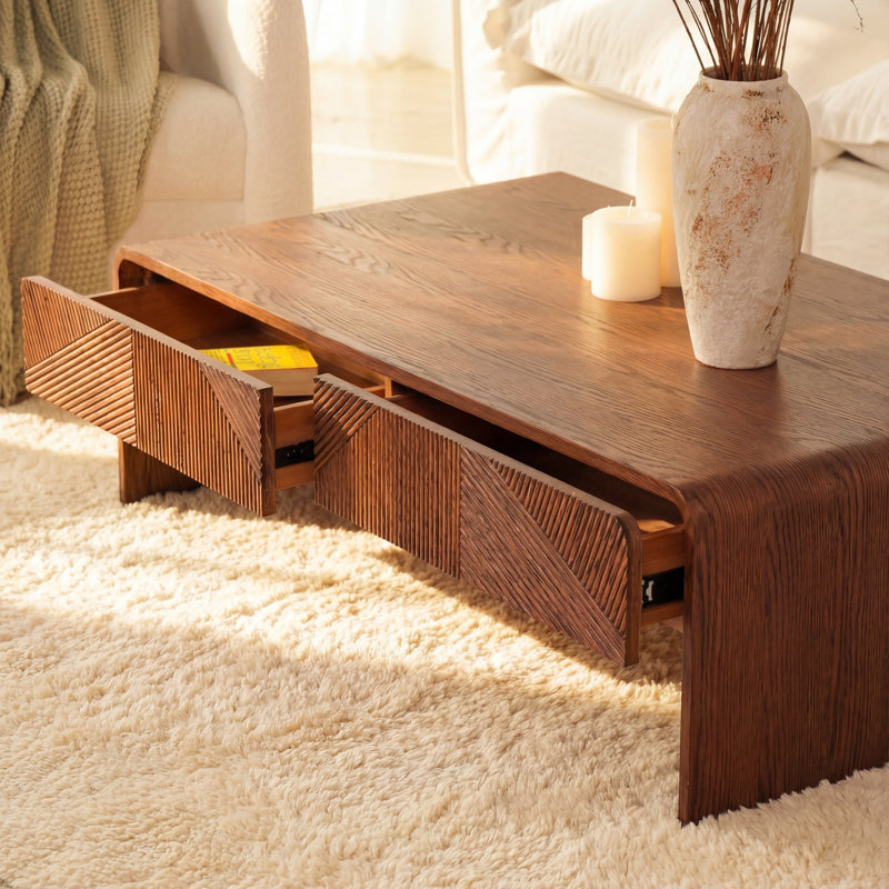 VISTA 55" White Oak Coffee Table with Sculpted Slat Detailing & Chevron Front – Brown, Brown