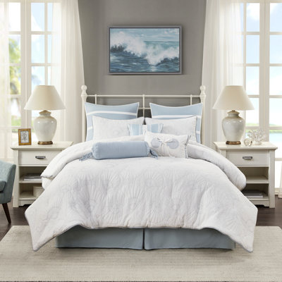 Édredon blanc grand, 100% coton avec coquillage bleu, confortable et inclus: édredon, jupe de lit 2 taies décoratives pour lit, courtepointe à thème, taies décoratives, aspect texturé