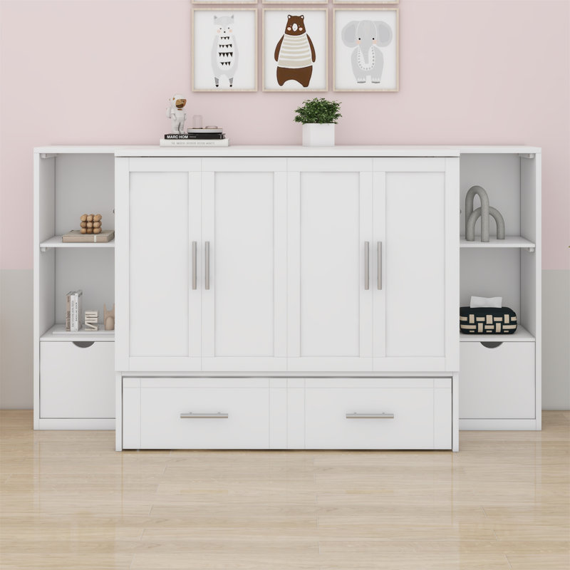 Bed Murphy Storage Bed with Shelves, Drawers and USB Ports, White, Queen