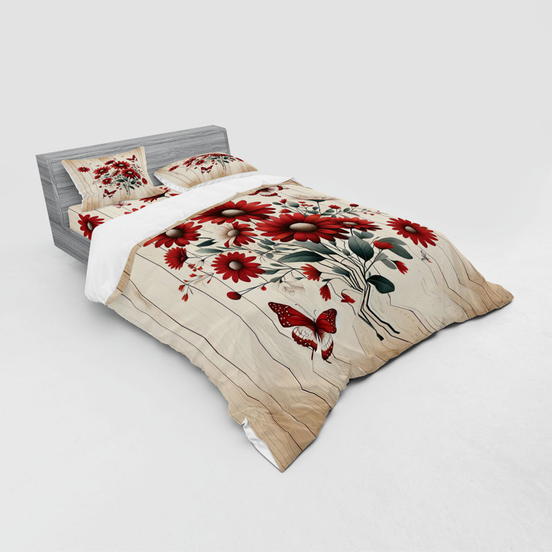 Queen Red Blue Grey Botanical Polyester Duvet Cover Set
