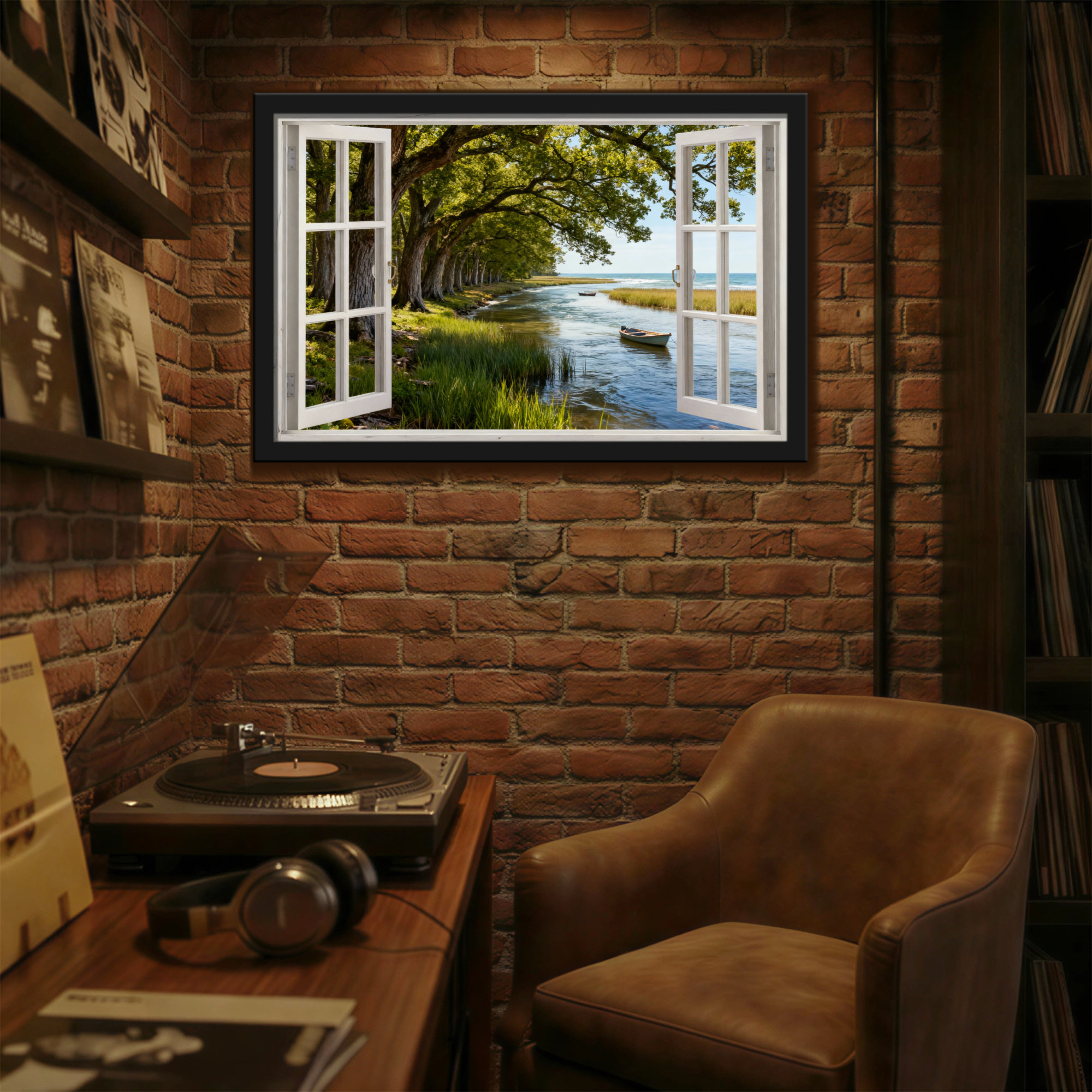 Highland Dunes Landscape & Nature Open Window Tree Lined Waterway Boat ...