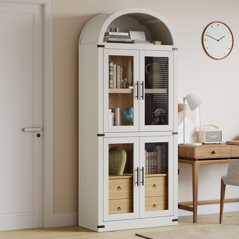 Armoire garde-manger arquée 71,65 po avec portes et bibliothèque en bois avec 2 tiroirs, Blanc