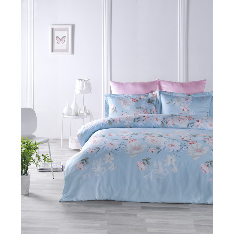 Ensemble de housse de couette 100% coton Ranforce, bleu et crème, housse de couette 63 x 87, drap plat 63 x 95, taie d'oreiller 20 x 28 | 145 fils, impression de pigments, lavable à la machine, conception élégante avec fermeture à boutons