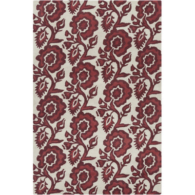 Ailey Authentic Hand-Tufted Handmade Burgundy Floral Rose Design on Cream Wool Area Rug