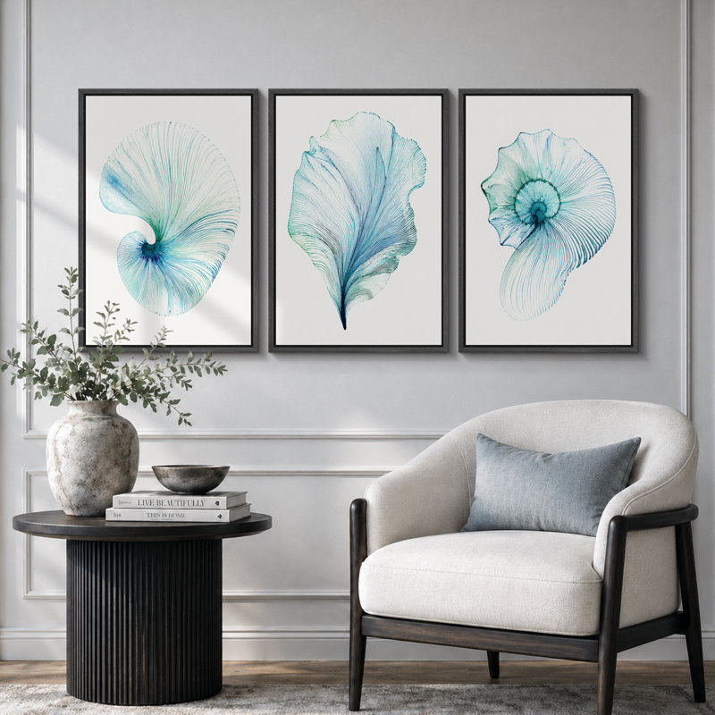 «Turquoise Shell», art de ligne, images de salle de bain, impression sur toile encadrée, 3 pièces, Cadre noir