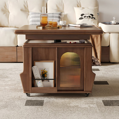 Table basse brune en bois d'hévéa massif vintage avec roulettes, plateau de table réglable en hauteur pliable