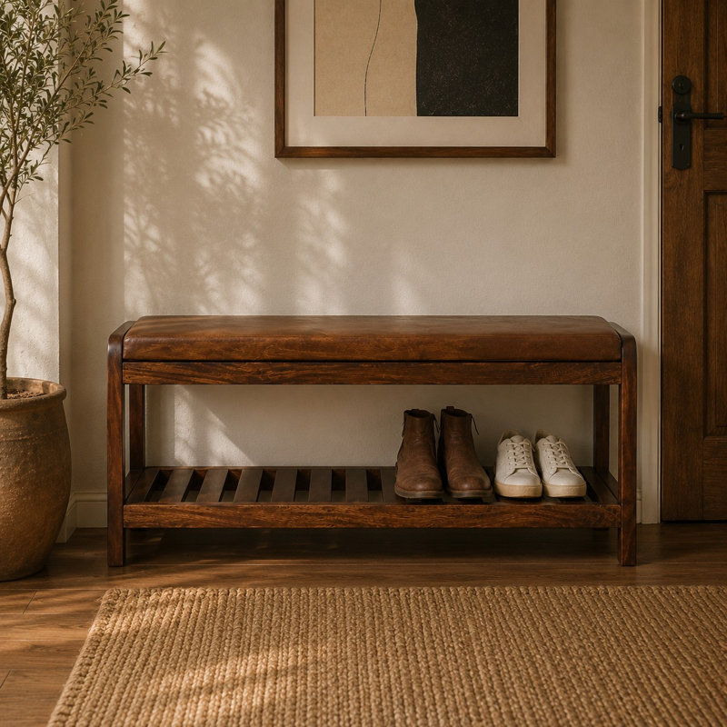 Dorelien Genuine Leather Upholstered Bench with Shelves