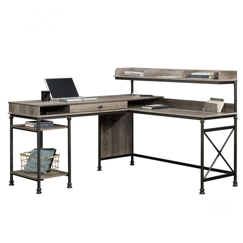 Bureau industriel en forme de L avec ports USB intégrés et trous à œillets, finition brune