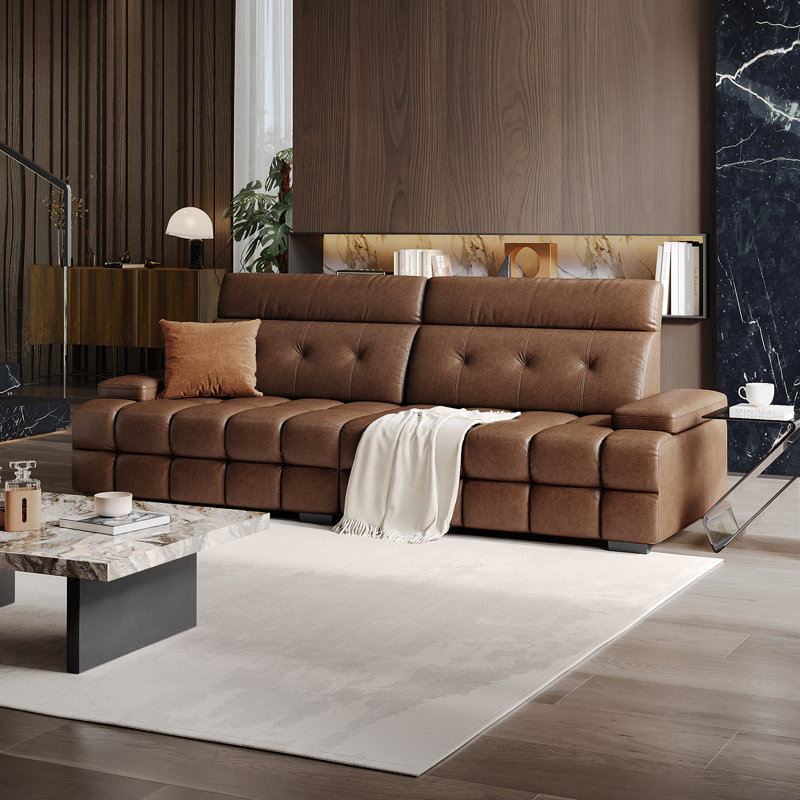 102.4" Mid-Century Lawrence  Sofa Faux Leather Oversize Couch with Adjustable Headrest and Seat Depth for Living Room, Brown