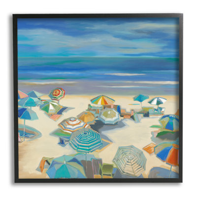 «Beach Umbrellas On Shore» encadré sur bois par Liz Jardine, peinture